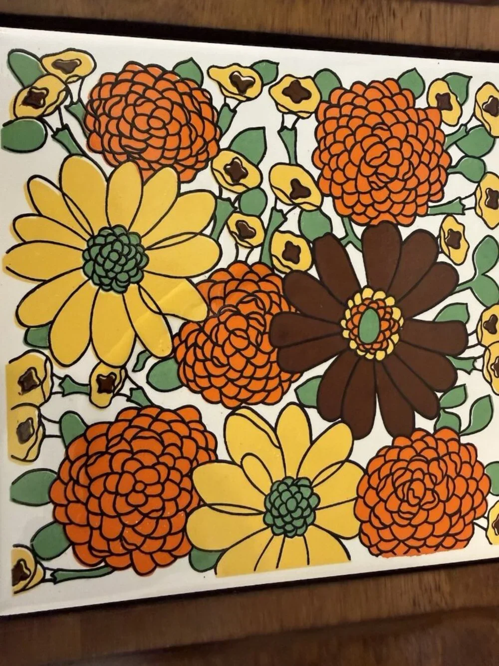 Vintage Gail Craft Wooden Cheese Board  Floral Center Trivet and Knife 1970's